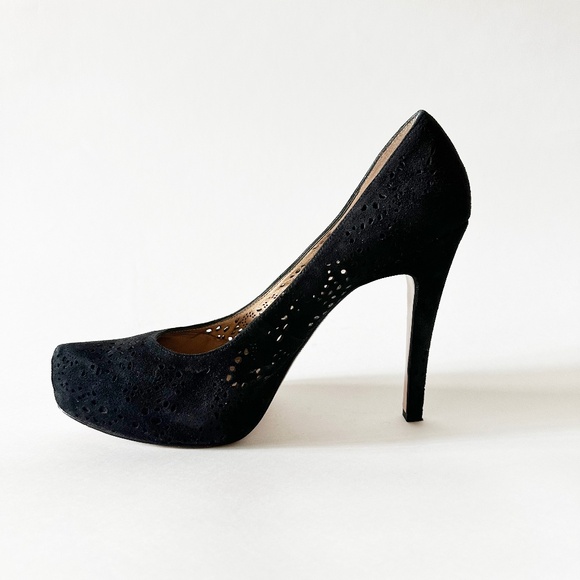 BCBG Black Suede Platform Pumps with Eyelet Detailing - Picture 1 of 5
